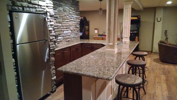 A custom wetbar built into a basement